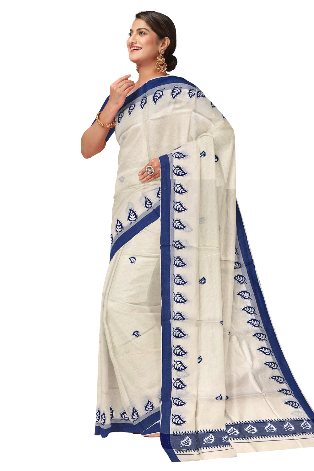 Kerala Cotton Saree with Blue Leaf Block Prints on Border