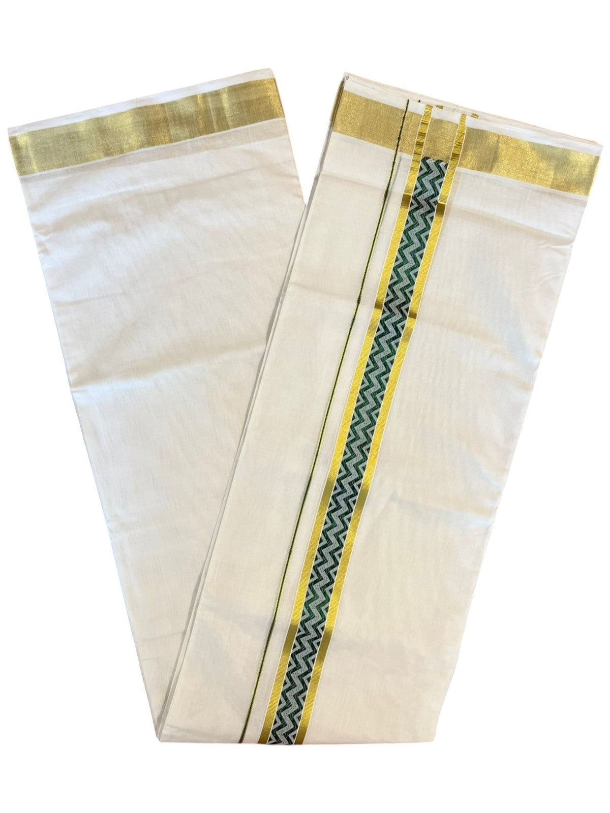 Southloom Premium Handloom Pure Cotton Mundu with Green and Kasavu Woven Border