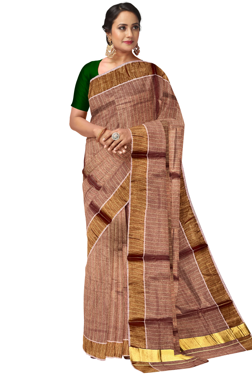 Kerala Maroon Tissue Kasavu Lines Design Saree with 3 Inch Border