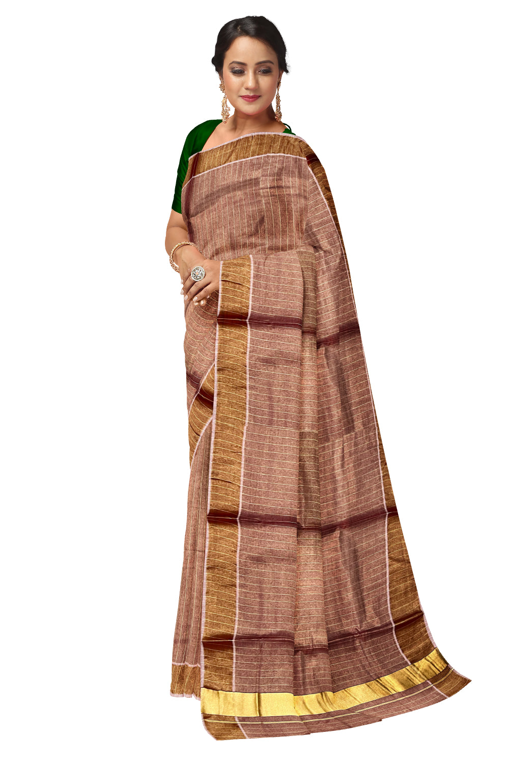 Kerala Maroon Tissue Kasavu Lines Design Saree with 3 Inch Border