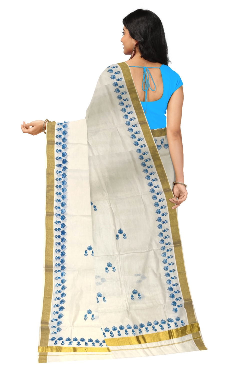 Pure Cotton Kerala Kasavu Saree with Blue Block Prints and Kasavu Border