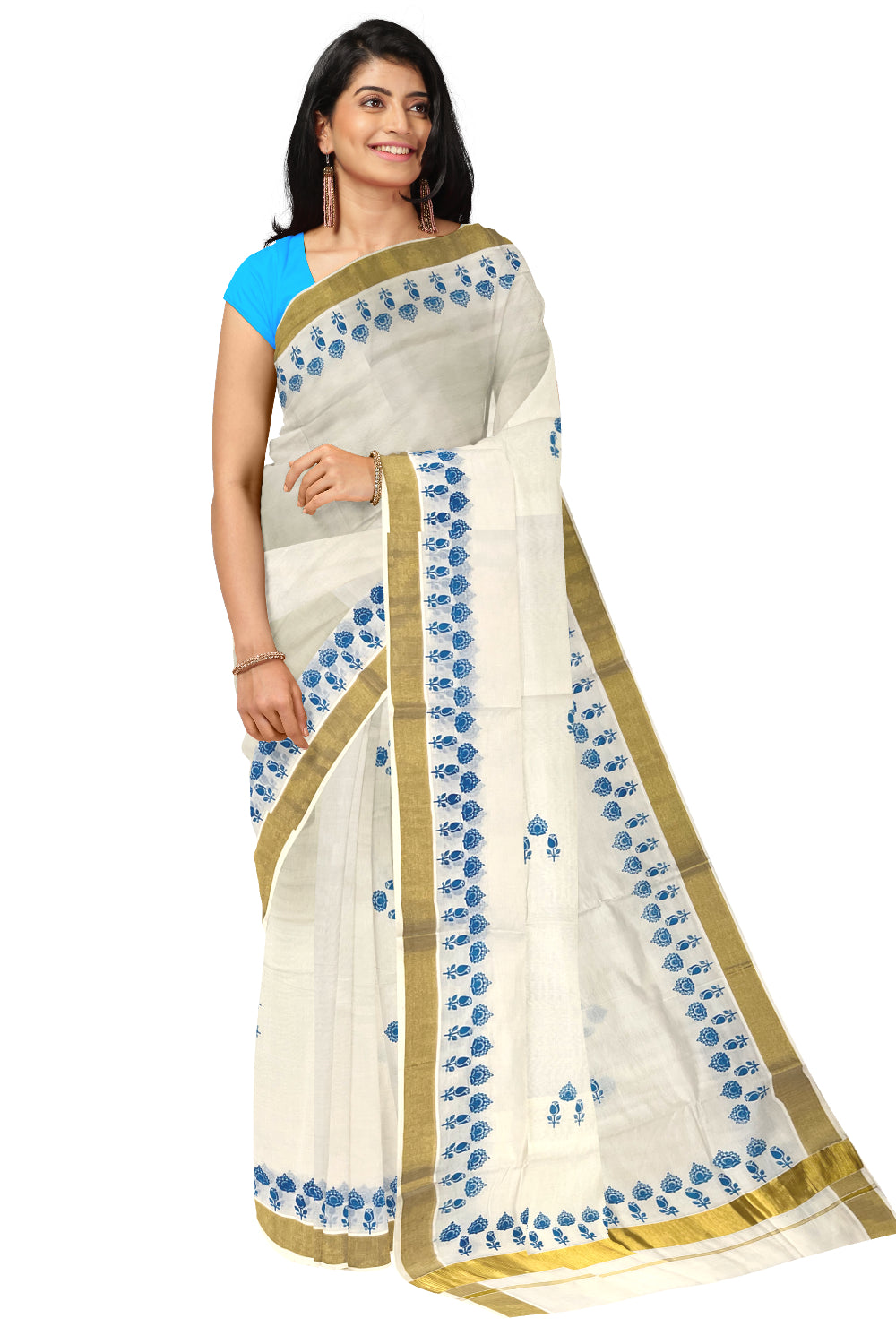 Pure Cotton Kerala Kasavu Saree with Blue Block Prints and Kasavu Border