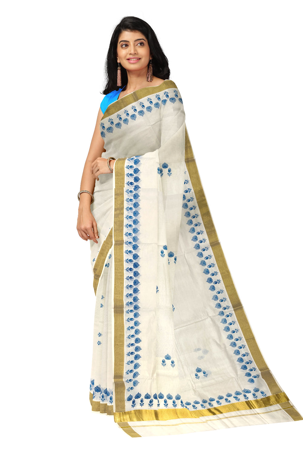 Pure Cotton Kerala Kasavu Saree with Blue Block Prints and Kasavu Border