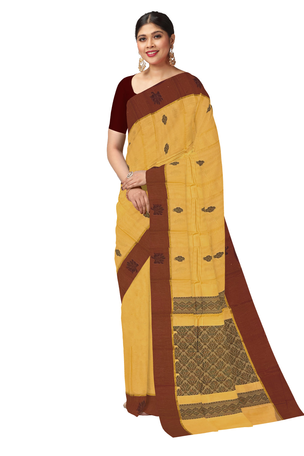 Southloom Cotton Orange Saree with Woven Works on Body and Maroon Border