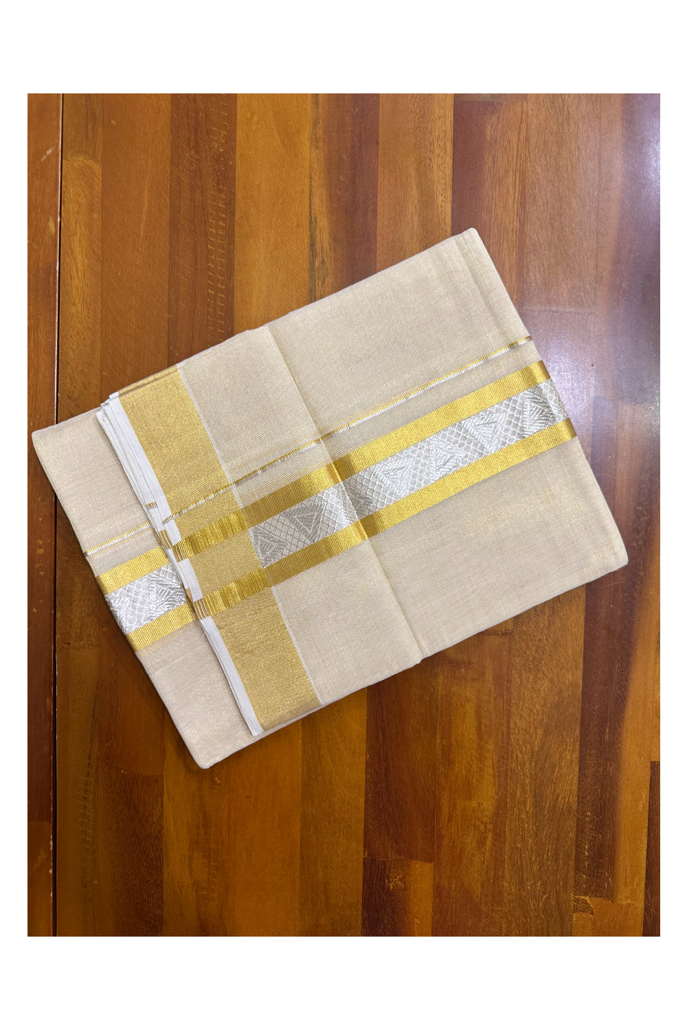 Southloom Premium Handloom Tissue Mundu with 2 inch Kasavu Border with Silver Woven Work