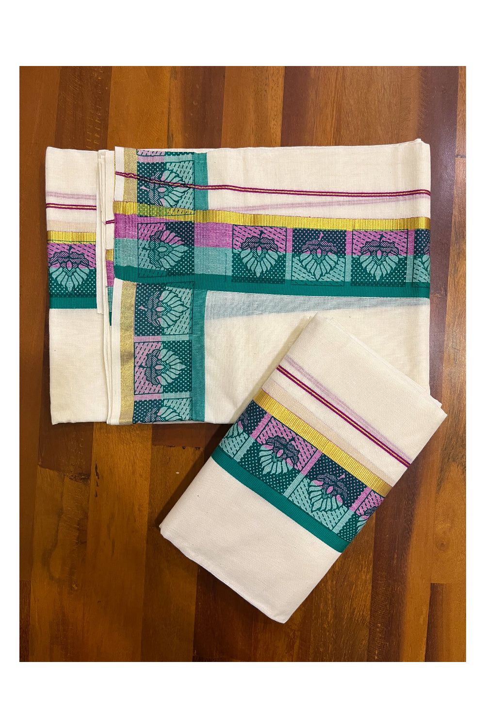 Kerala Cotton Kasavu Single Set Mundu (Mundum Neriyathum) with Pink and Green Kara and Block prints