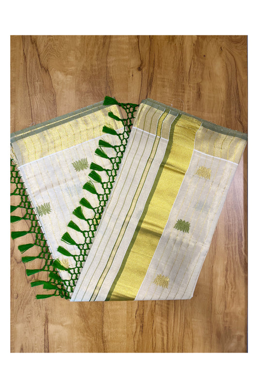 Kerala Tissue Kasavu Lines Saree with Olive Green And Golden Lotus Embroidery Works