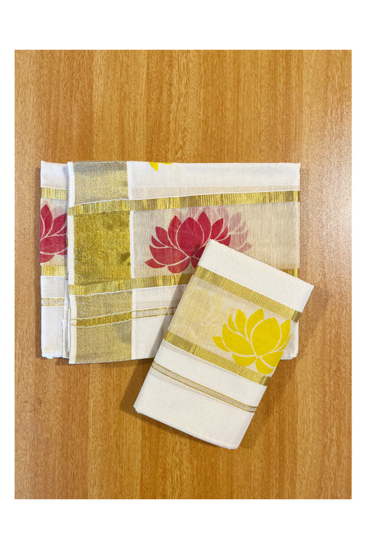 Kerala Cotton Single Set Mundu (Mundum Neriyathum) with Red And Yellow Lotus Block Prints On Kasavu Border 2.80 Mtrs