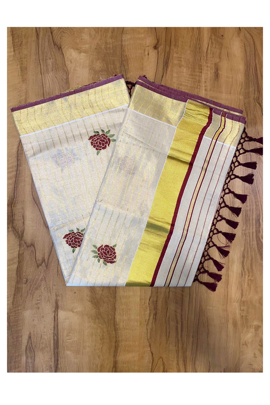 Southloom Kerala Tissue Kasavu Lines Saree with Maroon Floral Embroidery Works