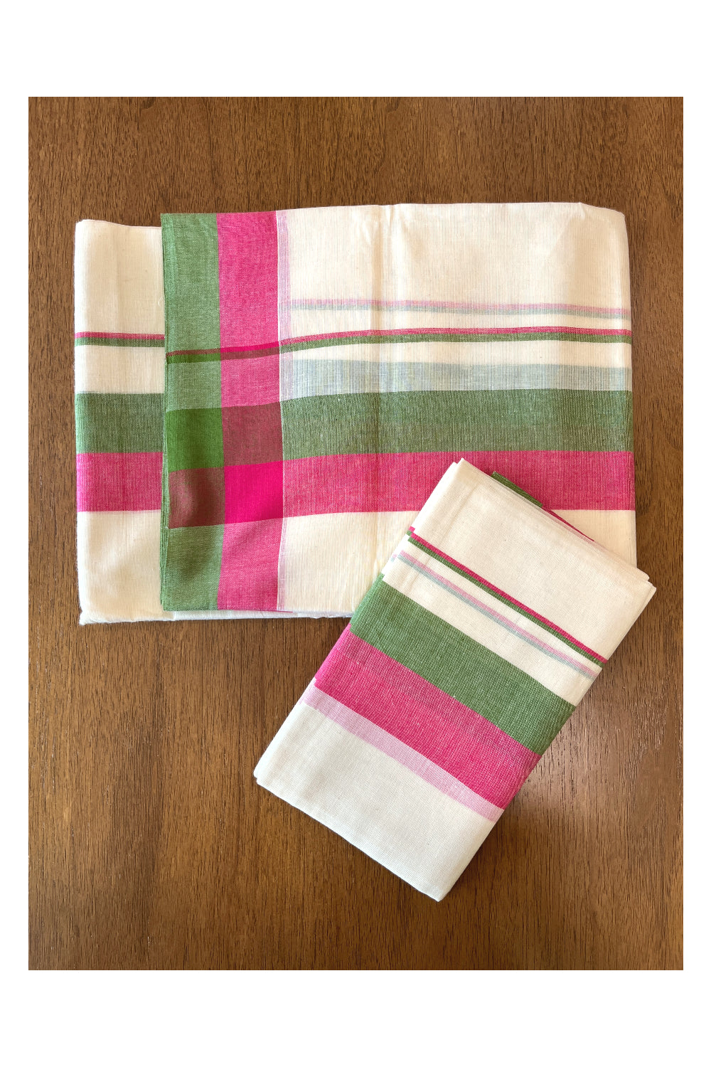 Cotton Mulloth Mundum Neriyathum Double (Set Mundu) with Red and Green Border