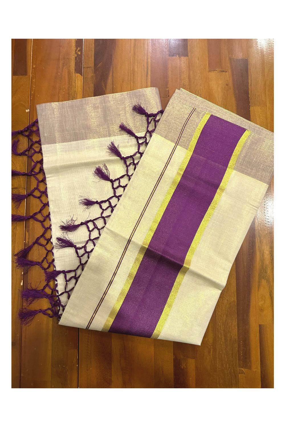 Kerala Kasavu Tissue Saree with Purple Kara and Border (Onam Saree 2023)