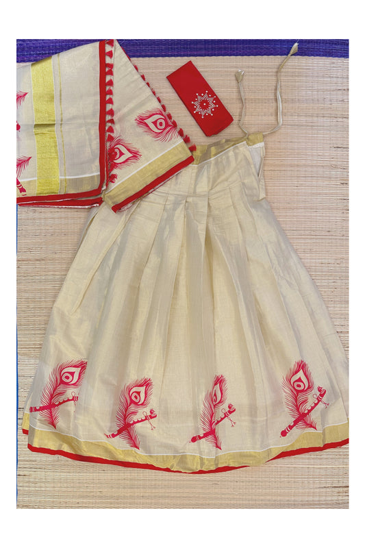 Kerala Tissue Semi Stitched Dhavani Set with Block Print Pavada and Red Blouse Piece
