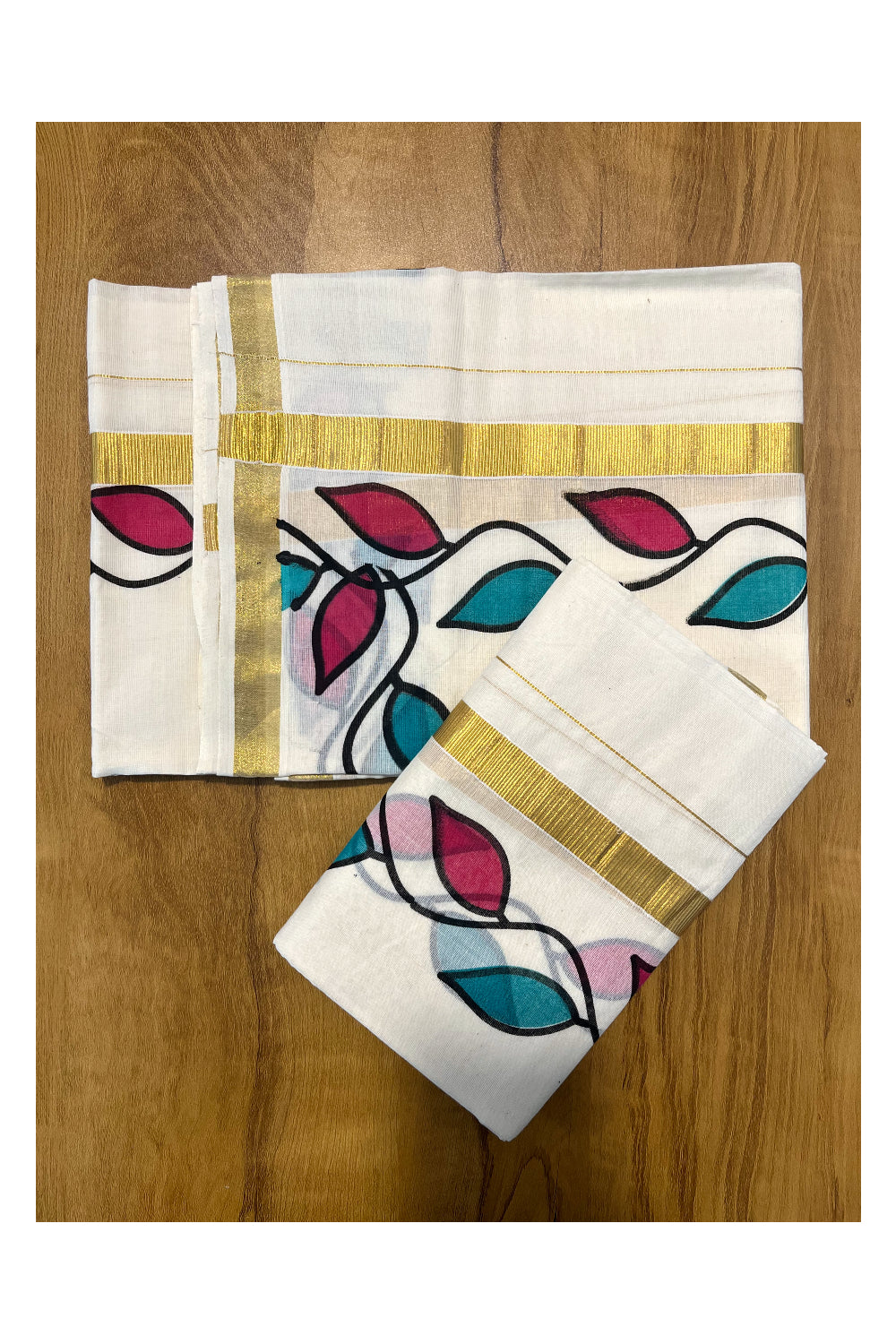 Pure Cotton Set Mundu (Mundum Neriyathum) with Pink and Green Leaf Prints on Kasavu Border(2.80M)