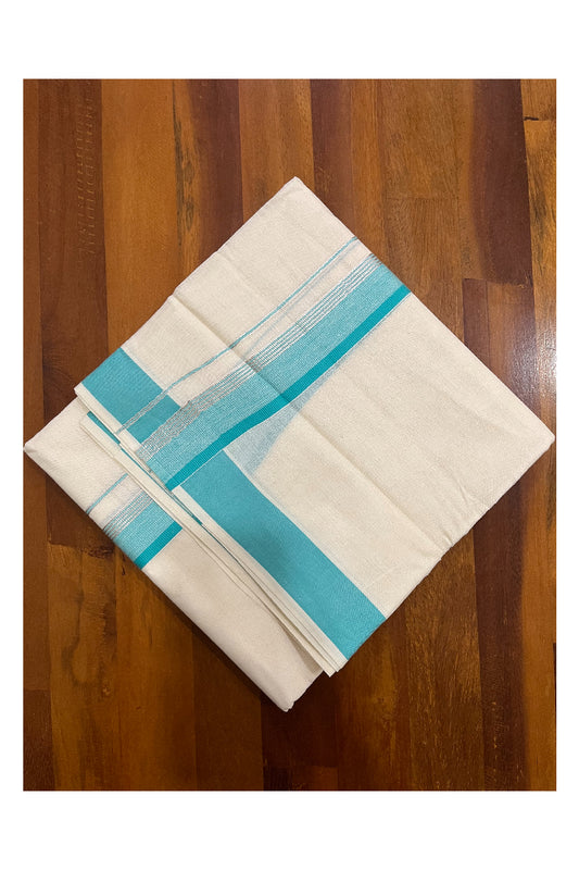 Pure Cotton Kerala Double Mundu with Turquoise and Silver Kasavu Kara (South Indian Kerala Dhoti)