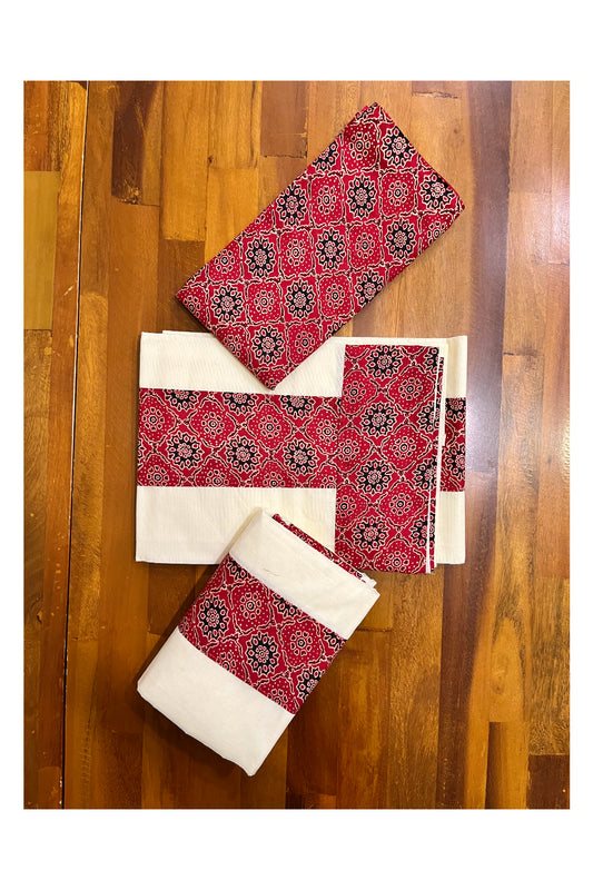 Kerala Cotton Set Mundu (Mundum Neriyathum) with Red and Black Prints and Seperate Blouse Piece 2.80 Mtrs