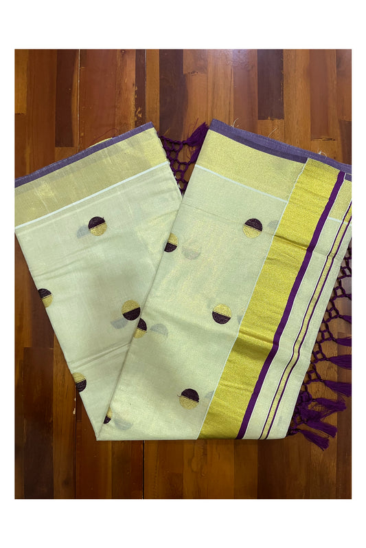 Kerala Tissue Kasavu Saree with Purple Semi Polka Woven Designs and Tassels Works