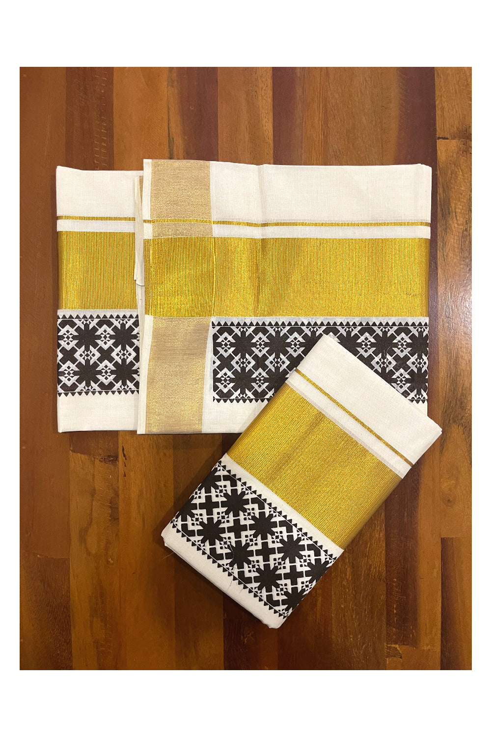 Pure Cotton Kerala Single Set Mundu (Mundum Neriyathum) with Dark Brown Block Printed Kasavu Border