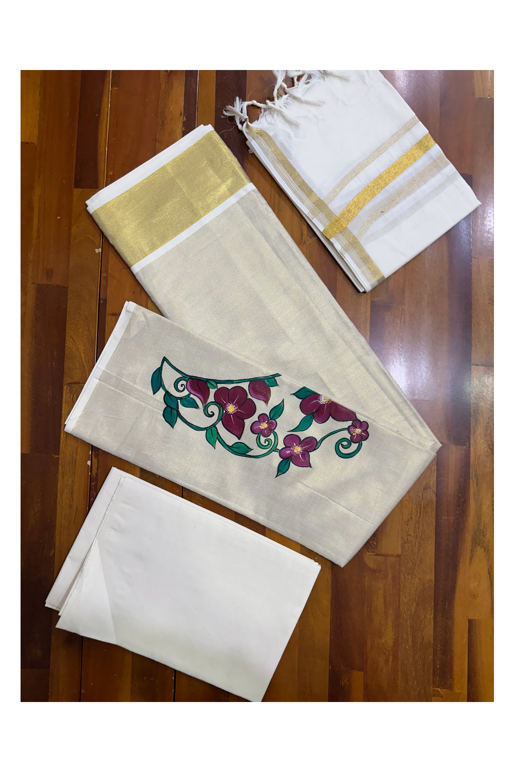 Kerala Tissue Churidar Salwar Material with Mural Hand Painted Floral Designs (include Shawl / Dupatta)