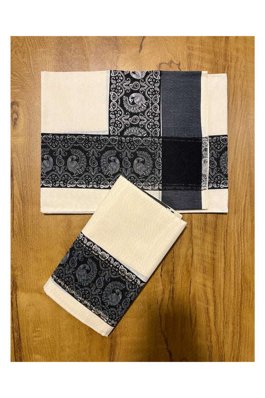 Kerala Cotton Single Set Mundu (Mundum Neriyathum) with Black Block print Border 2.80Mtrs