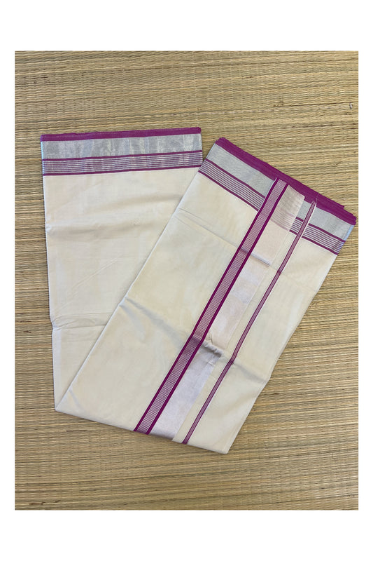 Kerala Pure Cotton Plain Saree with Silver Kasavu and Magenta Line Border