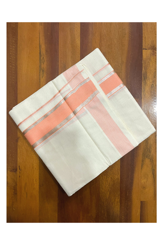 Pure Cotton Kerala Double Mundu with Silver Kasavu and Peach Kara (South Indian Kerala Dhoti)