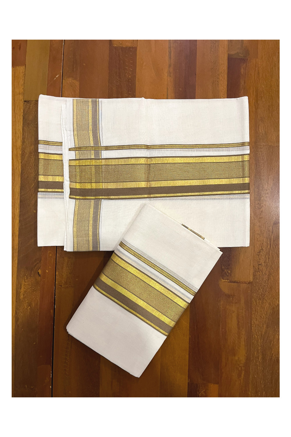 Pure Cotton Handloom Premium Kasavu Set Mundu (Mundum Neriyathum) with Brown and Kasavu Border 2.80 Mtrs