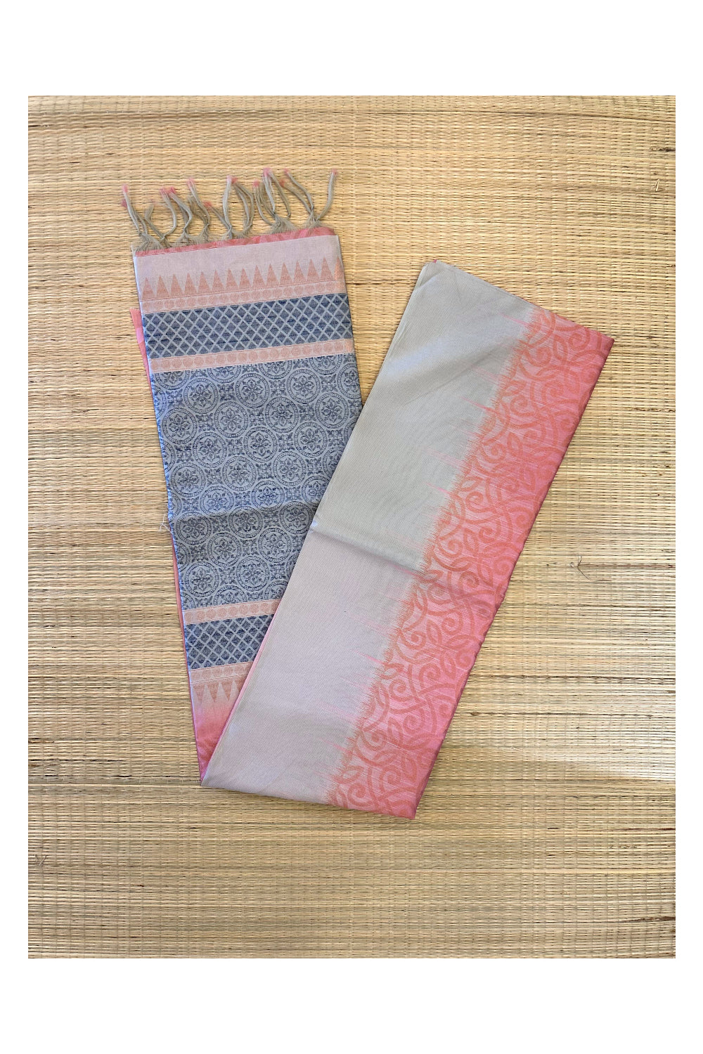 Southloom Semi Tussar Peach Woven Saree with Grey Border