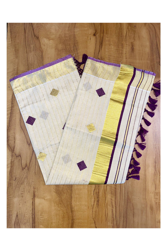 Kerala Tissue Kasavu Lines Saree with Violet and Golden Diagonal Woven Designs on Body and Pallu