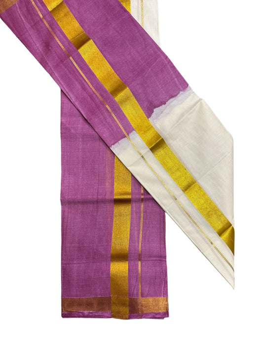 Southloom Tie & Dye - Half & Half  Multi Colour Purple Design Set Mundu (Mundum Neriyathum) in 2.80 m Neriyathu (Extra Length)