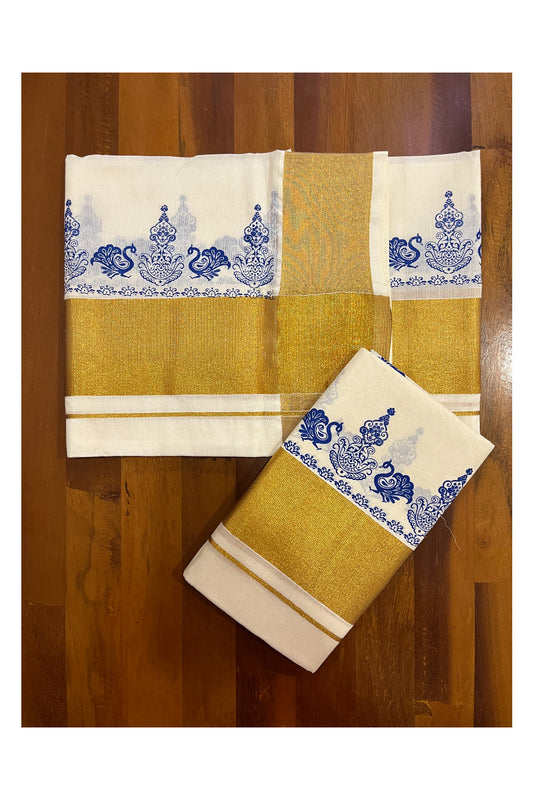 Pure Cotton Kerala Single Set Mundu (Mundum Neriyathum) with Blue Block Printed Kasavu Border (Onam 2023 Set Mundu)