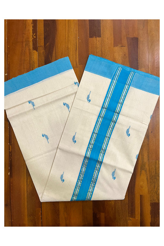 Southloom Premium Balaramapuram Unakkupaavu Handloom Cotton Butta Saree with Blue and Kasavu Border (Vishu 2024 Collection)