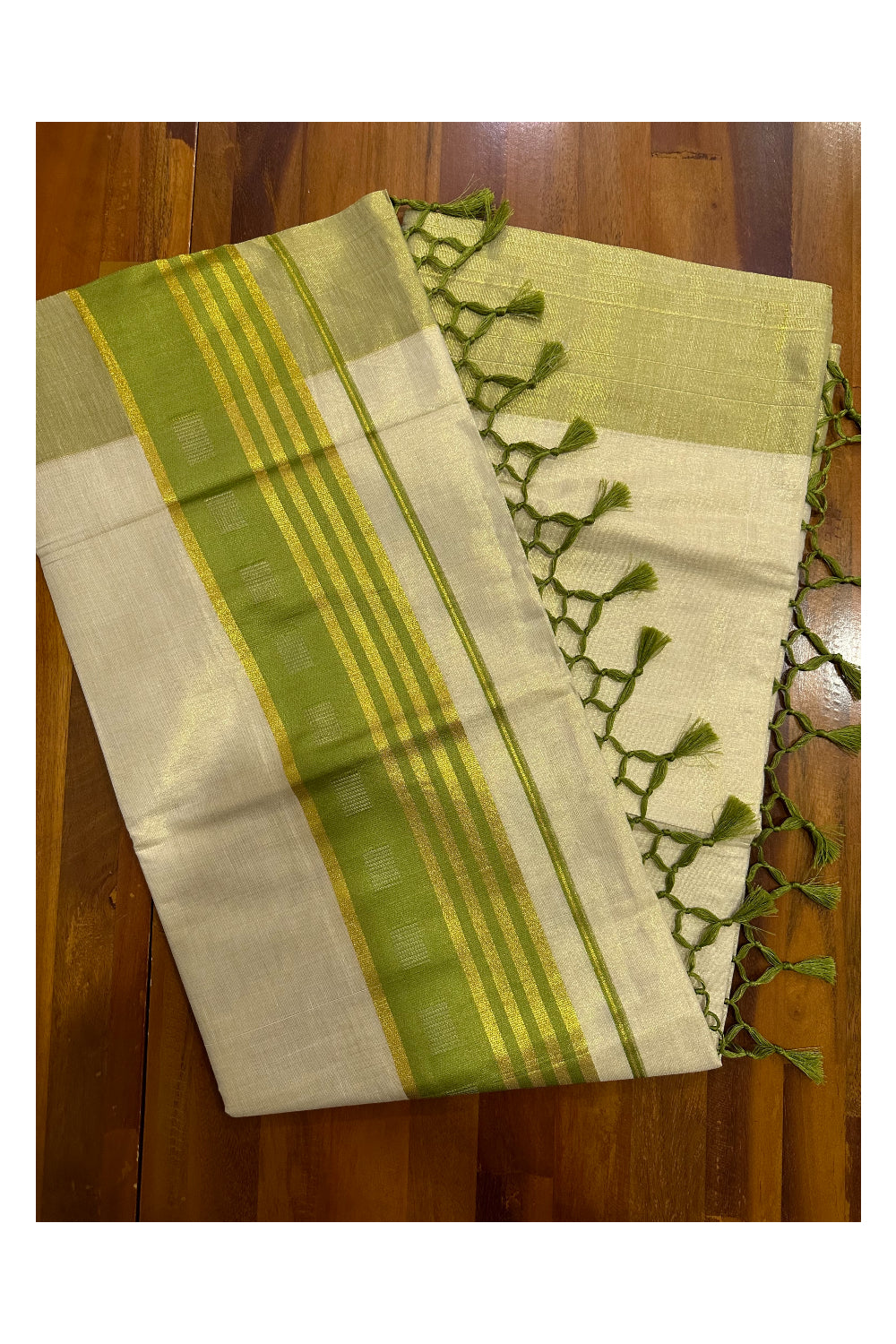 Kerala Tissue Saree with Kasavu Green Border and Tassels Works on Pallu (Onam Saree 2023)