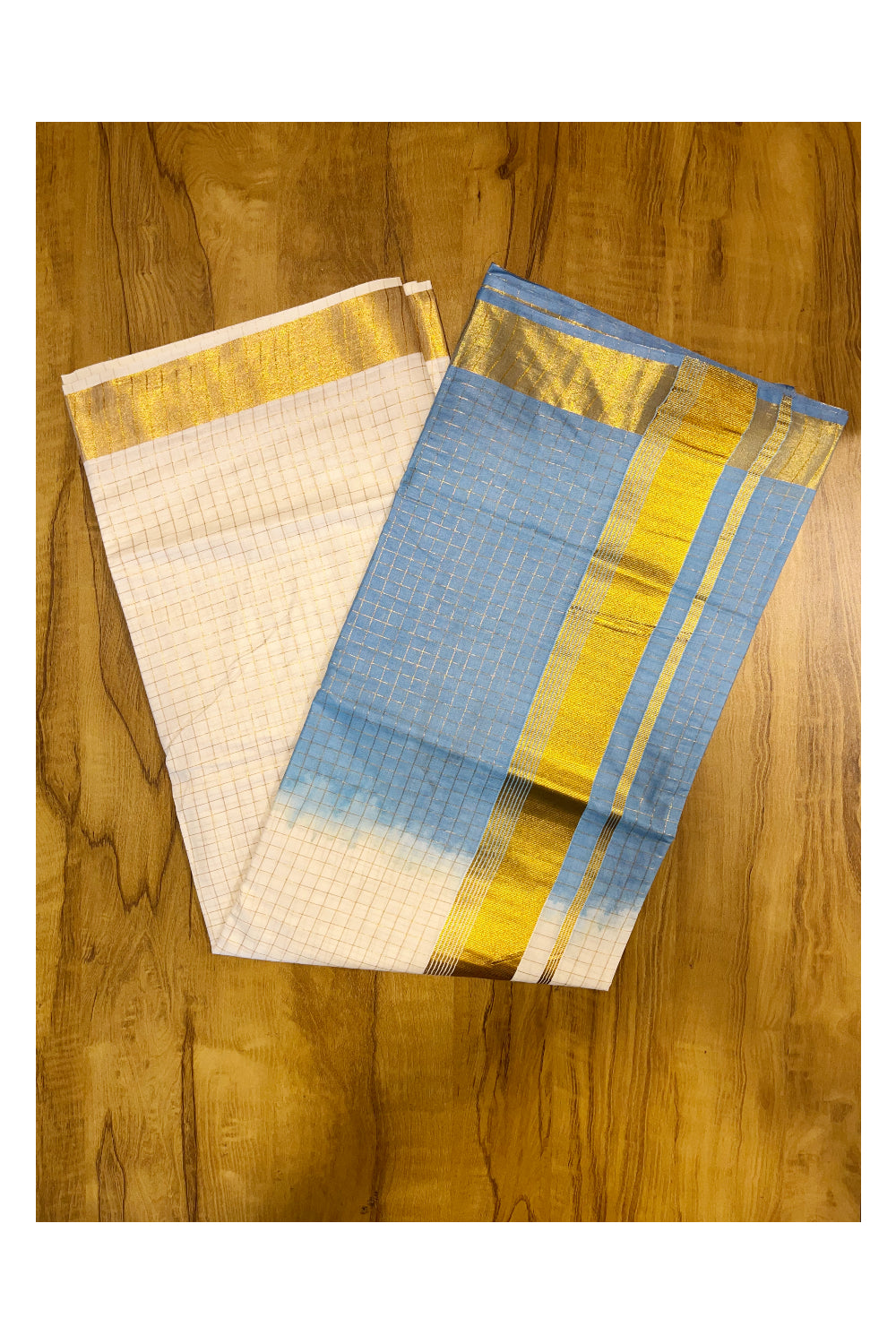 Southloom Cotton Tie & Dye - Half & Half Blue Design Saree with Kasavu Checks Across Body