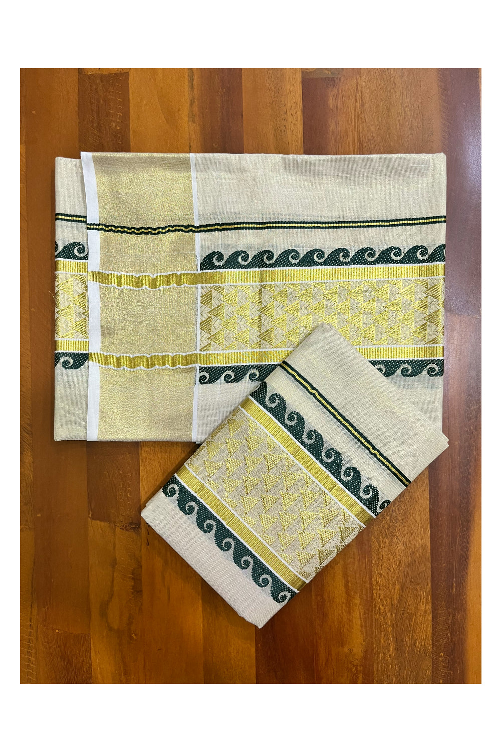 Kerala Tissue Single Set Mundu (Mundum Neriyathum) with Green and Kasavu Woven Border 2.80 Mtrs (Vishu 2024 Collection)