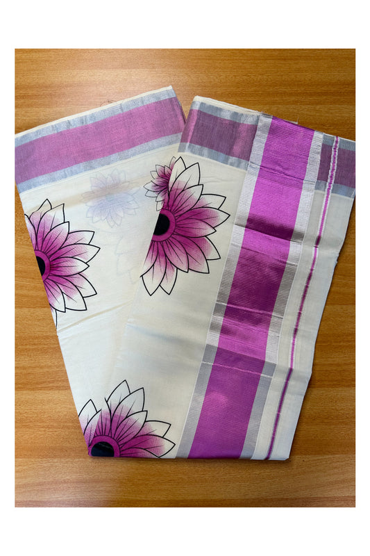 Kerala Cotton Saree with Floral Block Prints in Pink and Silver Border