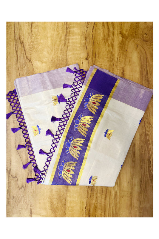 Southloom Kerala Tissue Kasavu Saree with Violet And Golden Lotus Embroidary Works on Body SL273