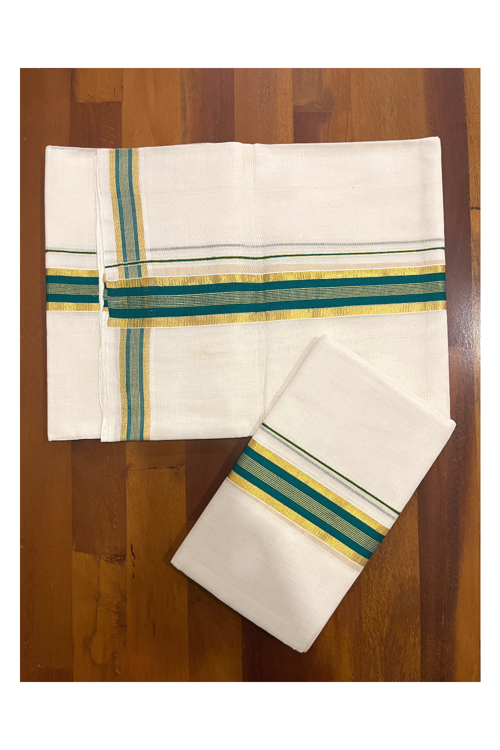 Southloom Premium Handloom Set Mundu with Kasavu and Green Border