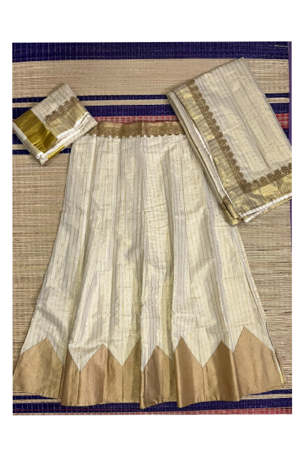 Semi Stitched Premium Tissue Dhavani Set with Kasavu Lines Designs