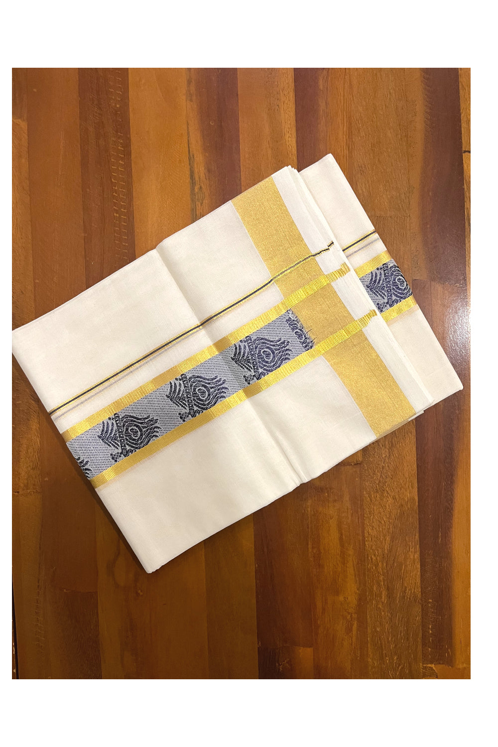 Southloom Premium Handloom Pure Cotton Mundu with Golden and Blue Kasavu Woven Border (Onam Mundu 2023)