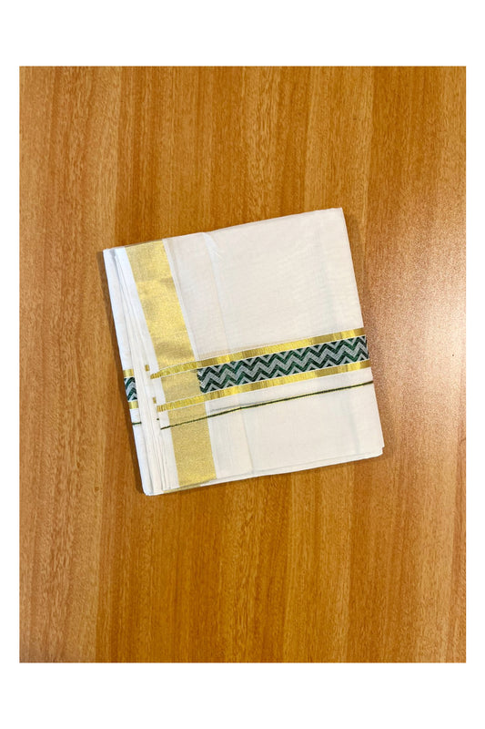 Southloom Premium Handloom Pure Cotton Mundu with Green and Kasavu Woven Border