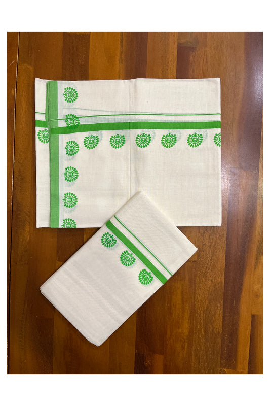 Kerala Pure Cotton Set Mundu Single (Mundum Neriyathum) with Light Green Block Prints