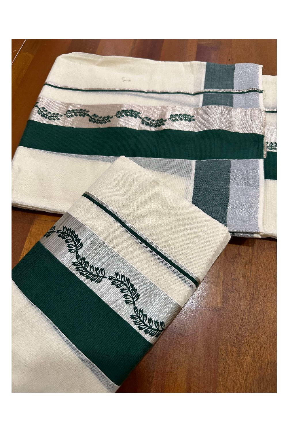 Kerala Cotton Single Set Mundu (Mundum Neriyathum) with Green Block Prints and Silver Kasavu Border 2.80 Mtrs (Onam set Mundu 2023)