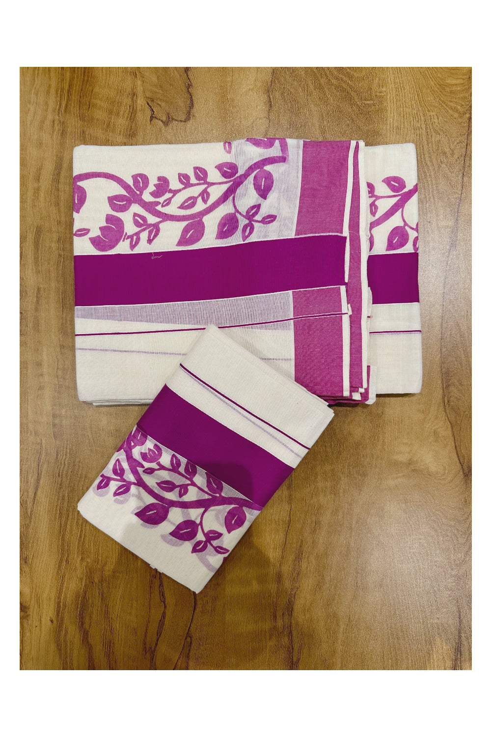 Southloom Original Design Single Set Mundu (Mundum Neriyathum) with Magenta Floral Vines Block Print 2.80 Mtrs (Onam Set Mundu 2023)