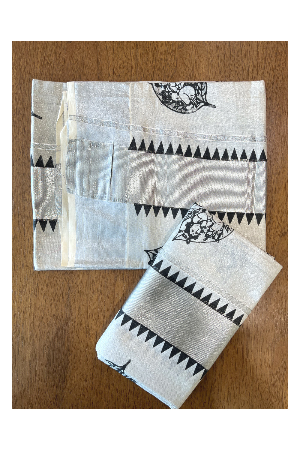 Kerala Silver Tissue Set Mundu (Mundum Neriyathum) with Krishna Prints and Black Temple Block Works on Border 2.80 Mtrs