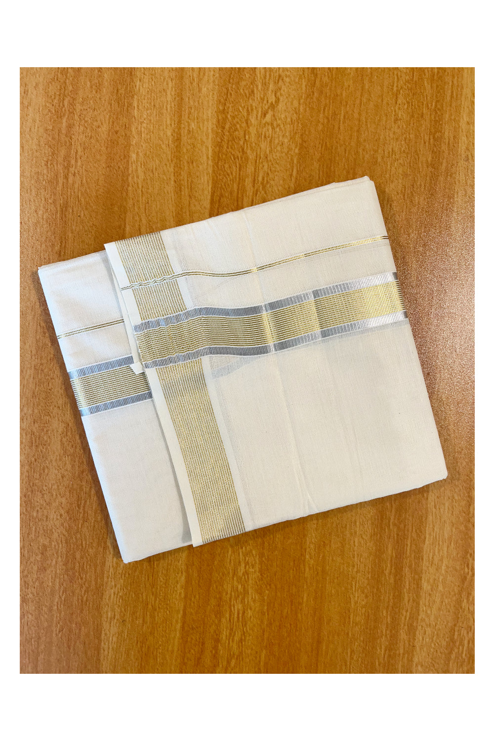 Kerala Cotton Double Mundu with Silver and Golden Kasavu Lines Border (South Indian Kerala Dhoti)