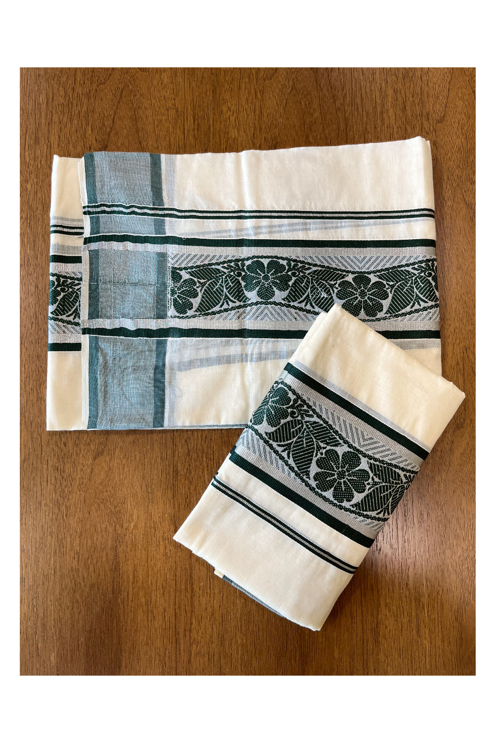 Cotton Set Mundu (Mundum Neriyathum) with Green Floral Woven Works and Silver Kasavu Border