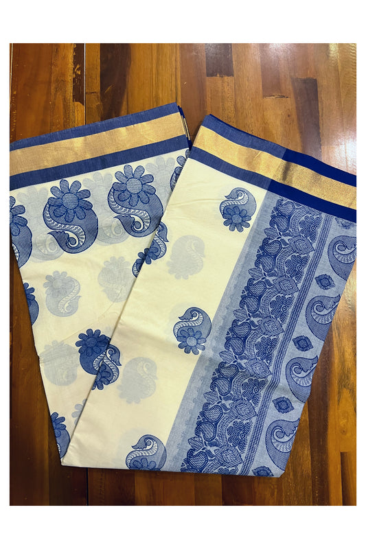Pure Cotton Kerala Saree with Dark Blue Block Prints and Kasavu Border (Vishu 2024 Collection)