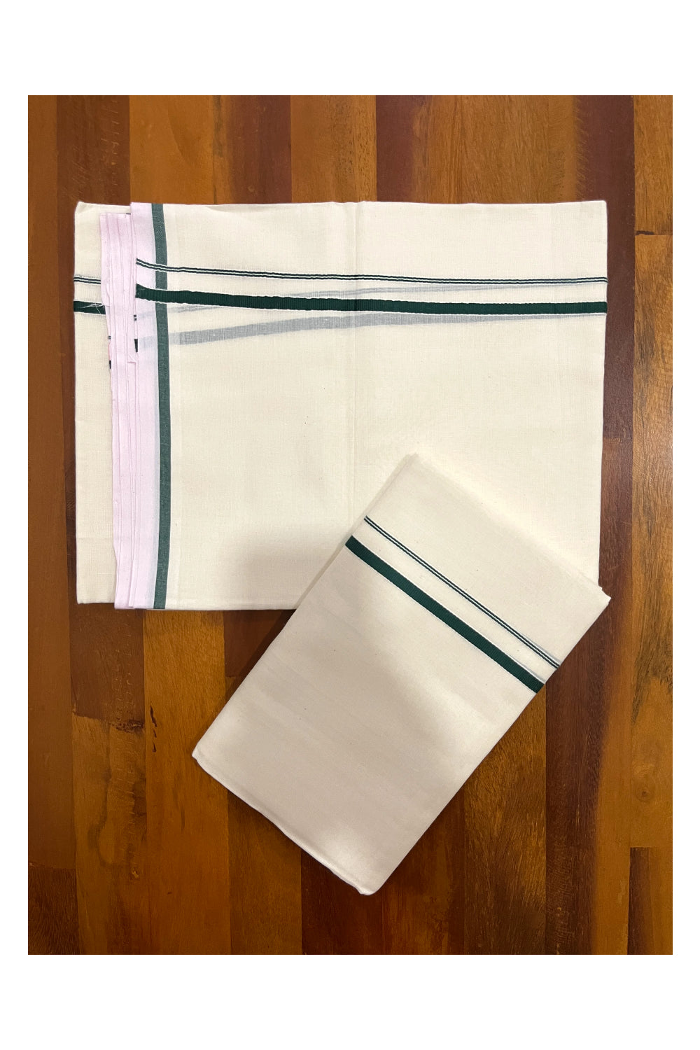 Kerala Cotton Set Mundu (Mundum Neriyathum) with Green Thin Border 2.75 Mtrs