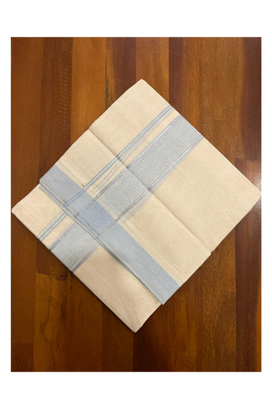 Pure Cotton 100x100 Double Mundu with Light Blue and Silver Kasavu Kara (Onam Mundu 2023)