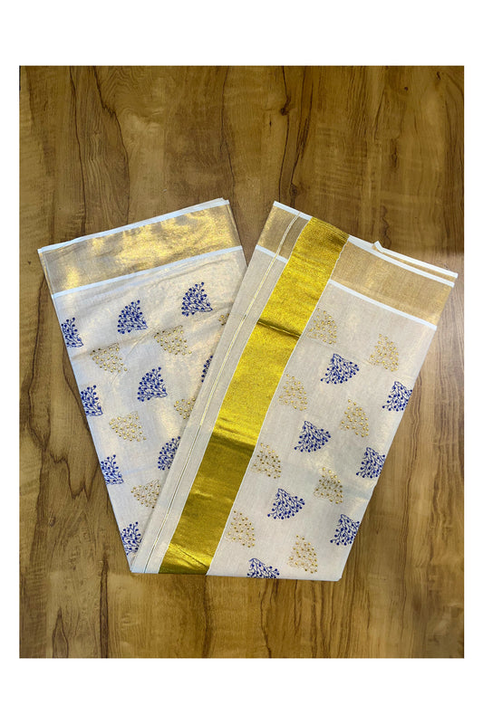 Southloom Kerala Tissue Kasavu Saree with Blue and Gold Floral Embroidery Design on Body